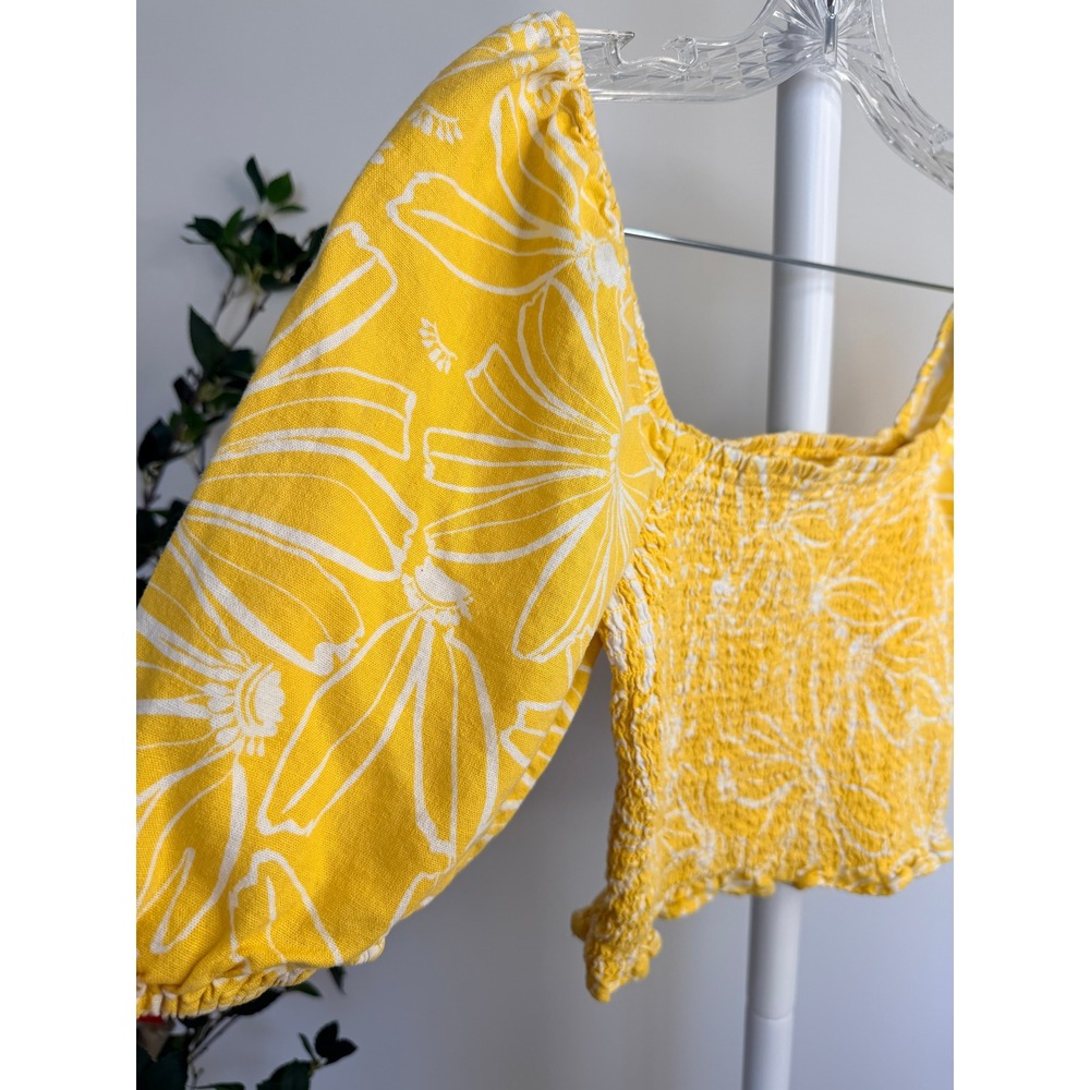 Universal Thread Yellow Floral Smocked Puff Sleeve Crop Top XS Square Neck Boho - Picture 3 of 6